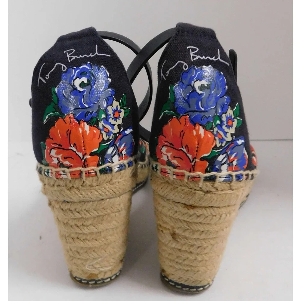 Tory Burch‎ Floral Espadrille Wedge Logo Toe Cap Sandals 7